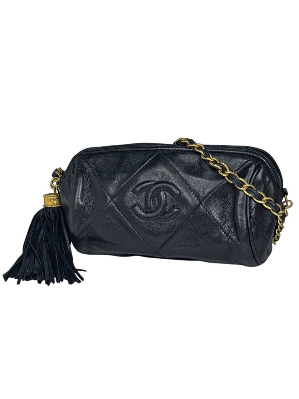 Chanel Shoulder Bag Quilted CC Logo Fringe Leather Navy